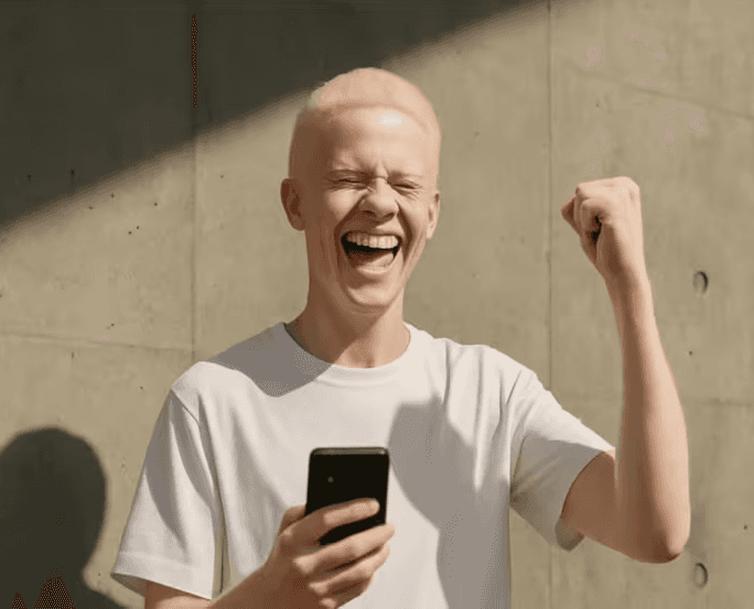 Organizador comemorando uma venda com o celular na mão