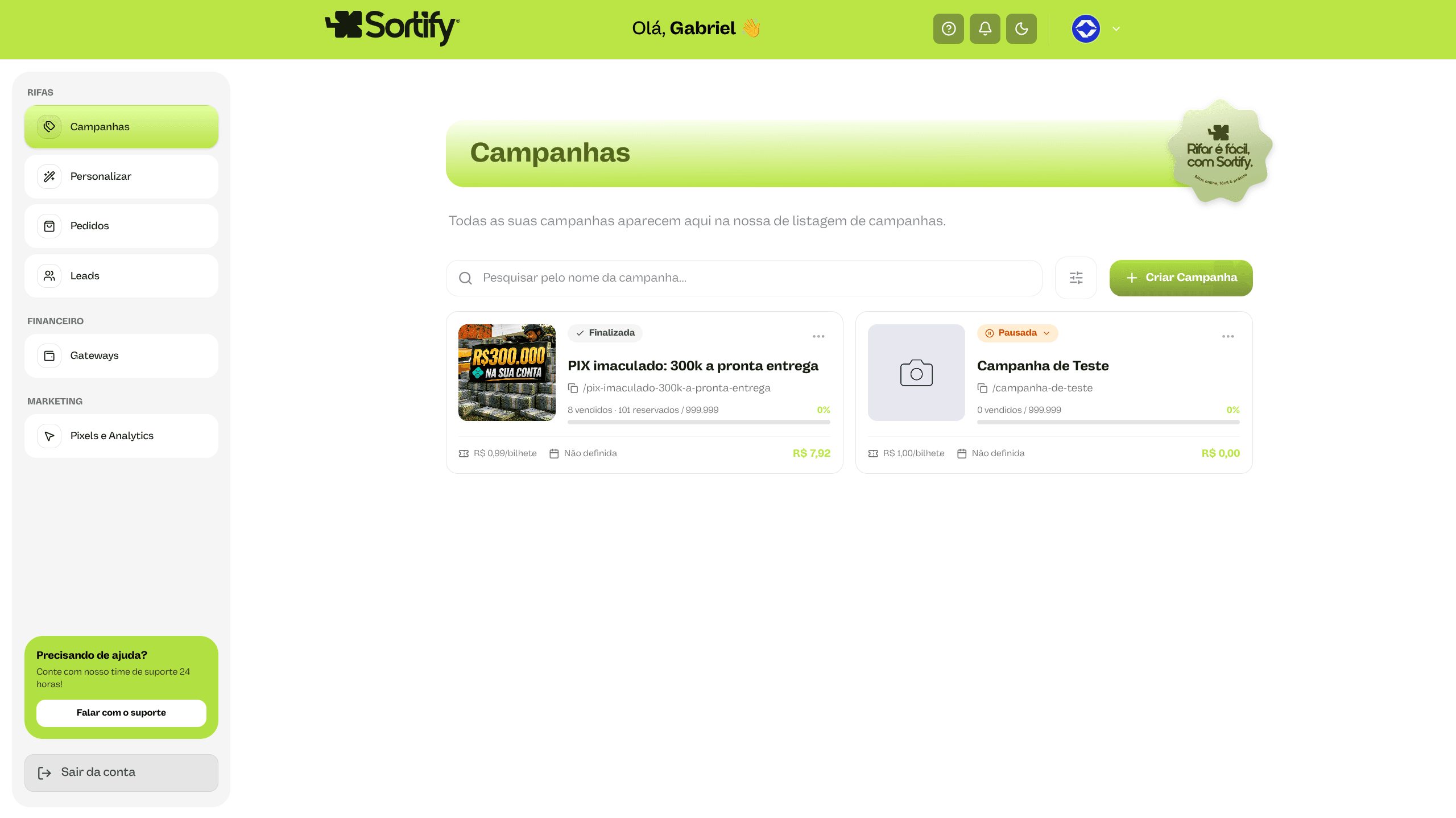 Painel de campanhas da Sortify com listagem de rifas e métricas de vendas